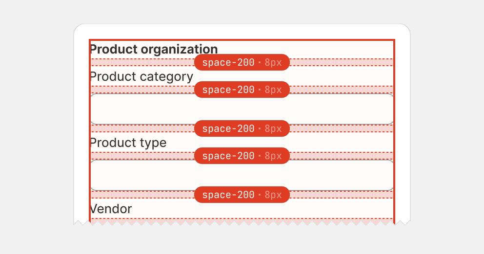 An example showing a card with a single stack of multiple types of blocks with space-200 gaps between.