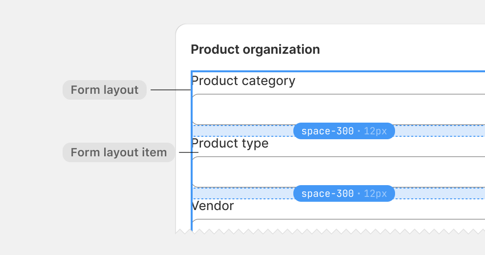 An example card showing a form layout with multiple form layout items. The form layout is a stack with space-300 gaps.