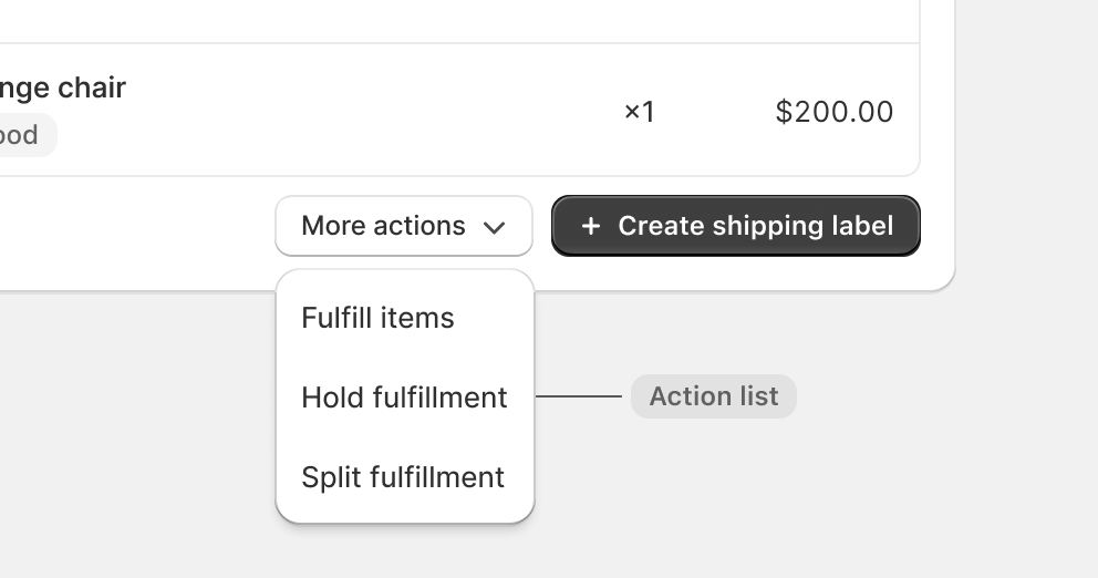 A card footer with a basic button with a suffix chevron icon. Below the button is an action list with three call to actions.