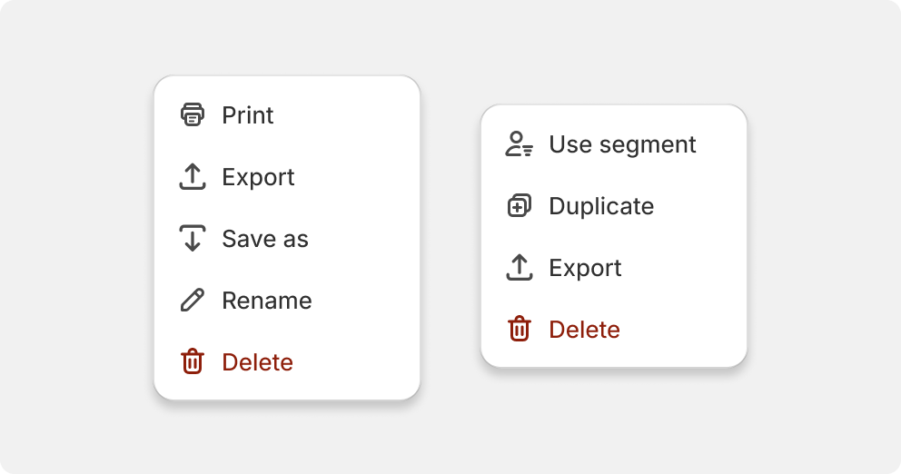 A list of action with a delete action at the bottom using the destructive styling along with the "delete" icon.