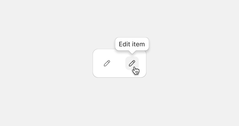 An image showing the "edit" icon in a neutral and hover state. The hover state displays a tooltip with "Edit item" as the label.