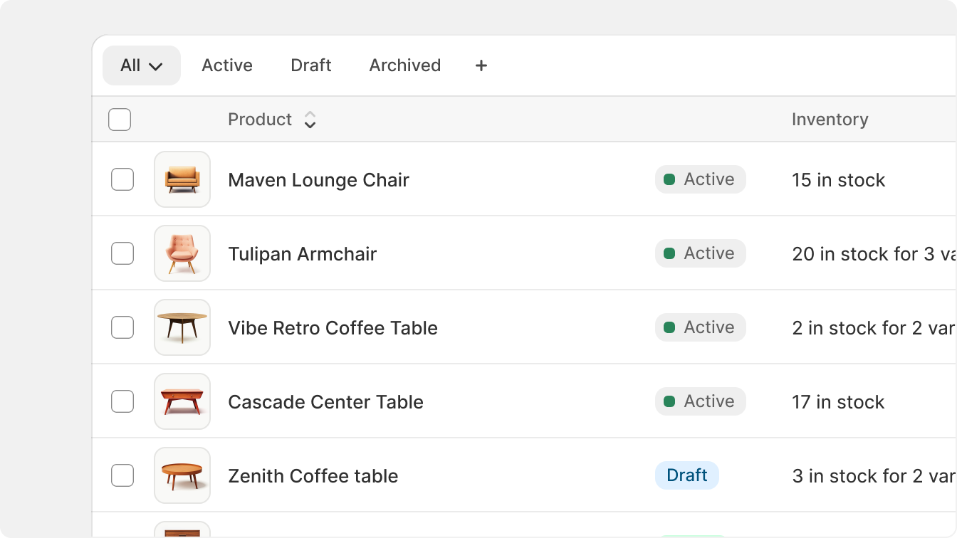 Product index page table showing a high density
layout