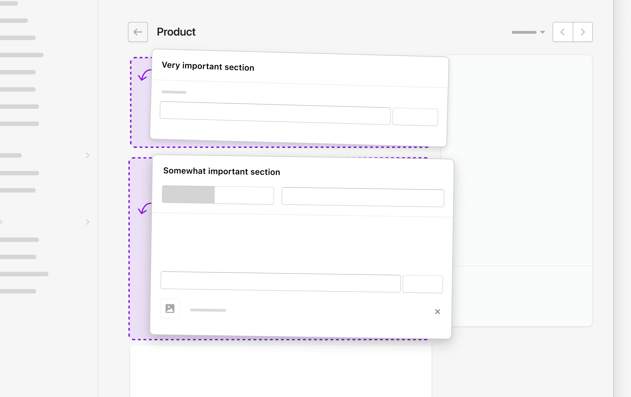 Product details page with “Very important section” card placed above “Somewhat important section” card